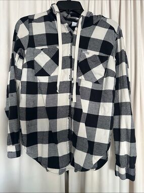 Columbia Sportswear Buffalo Plaid Hooded Flannel Shirt XS Black White Button Up